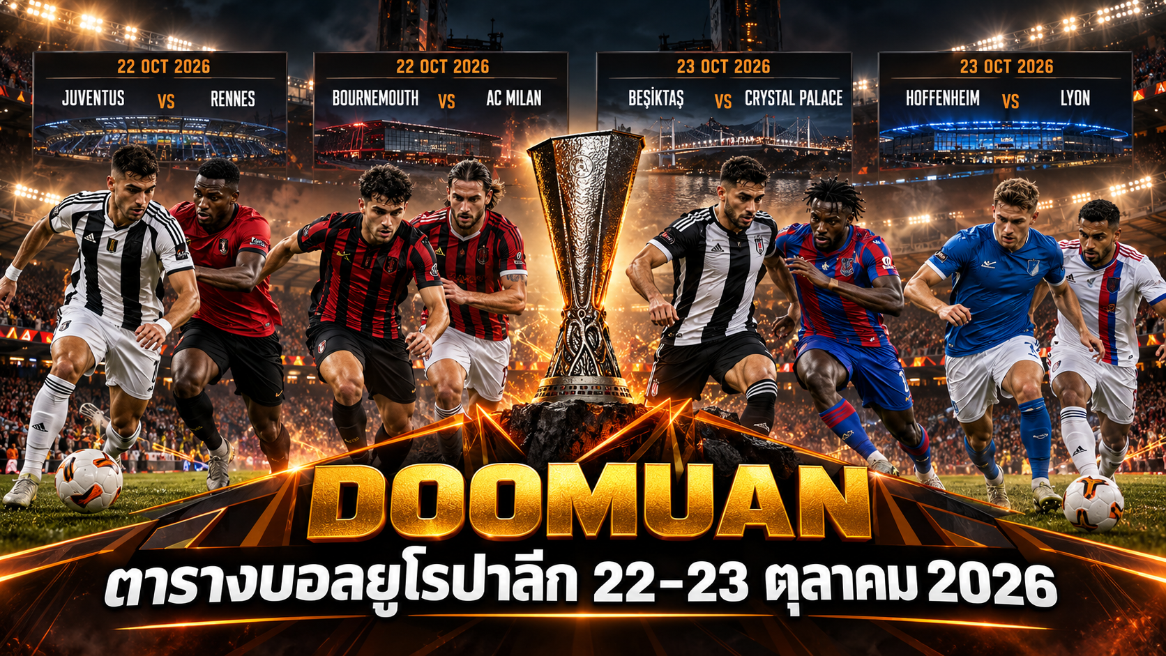 DOOMUAN ตารางบอลยูโรปาลีก 22–23 ตุลาคม 2026 เช็กโปรแกรมครบ 18 คู่ พร้อมเวลาแข่งขันประเทศไทย